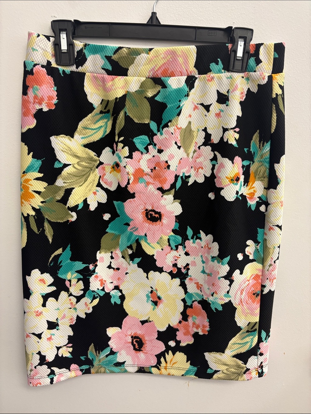 Sunny Leigh Black Floral Pencil Skirt with Pink, Cream & Teal Accents